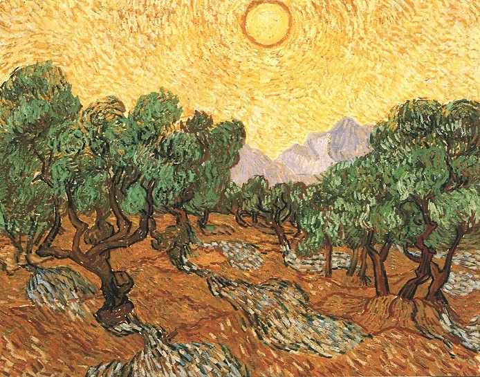 Olive Trees with Yellow Sky and Sun 
