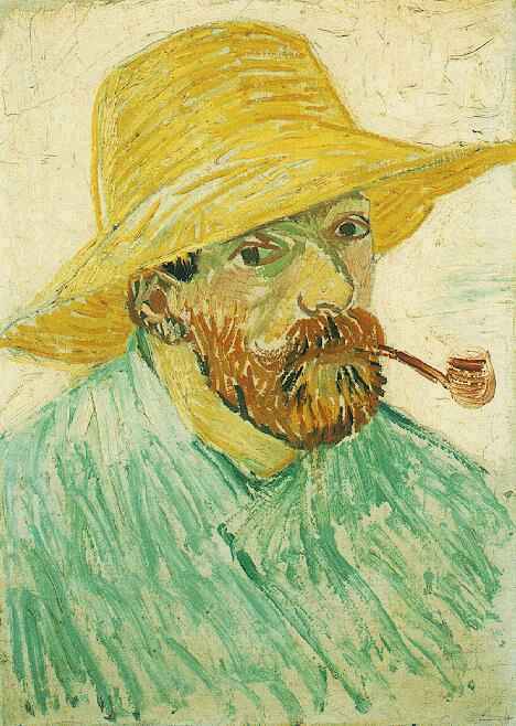 戴草帽叼烟斗的自画像 -- Self-Portrait with Pipe and Straw Hat